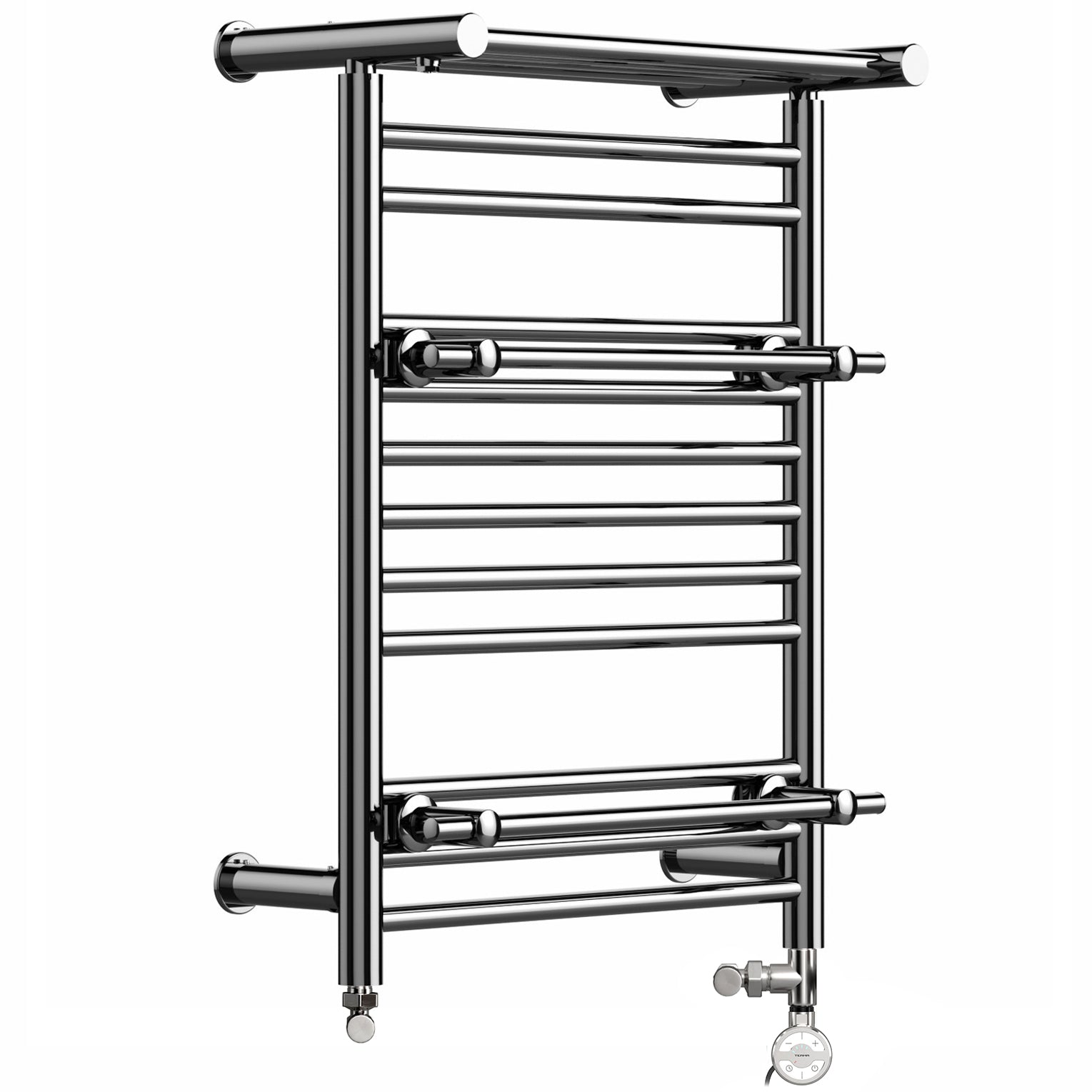 Towel Rail Radiator With a Shelf on Top and Additional hangers Bathroom Furtniture Heater in chrome Electric Dual Fuel Heater MOA Thermostatic