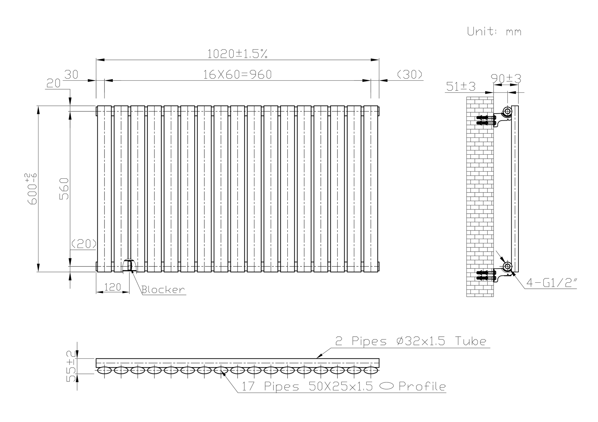 Designer 1020mm x 600mm Black Horizontal Single Column Radiator, 2370 BTU