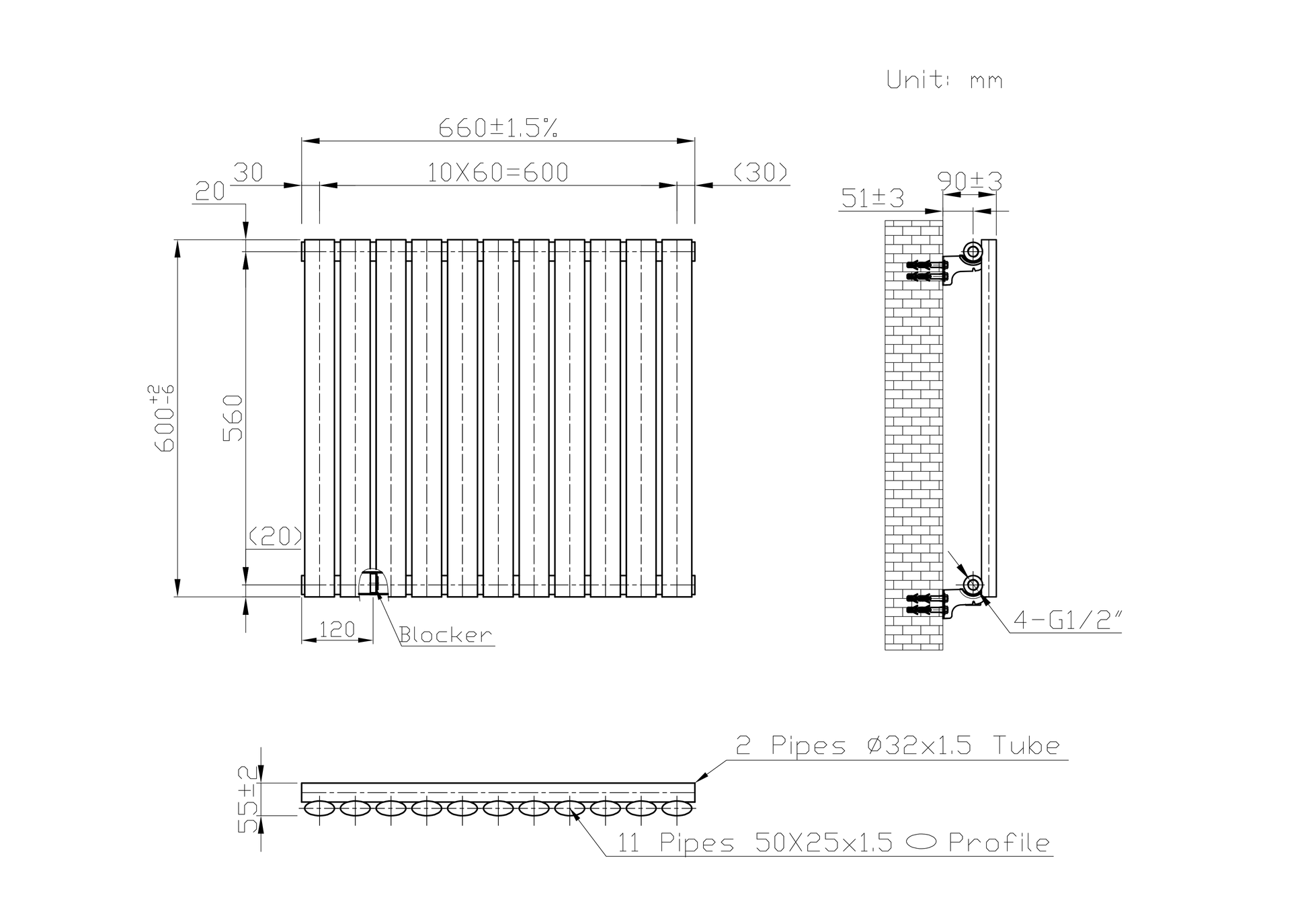 Designer 660mm x 600mm White Horizontal Single Column Radiator, 1535 BTU