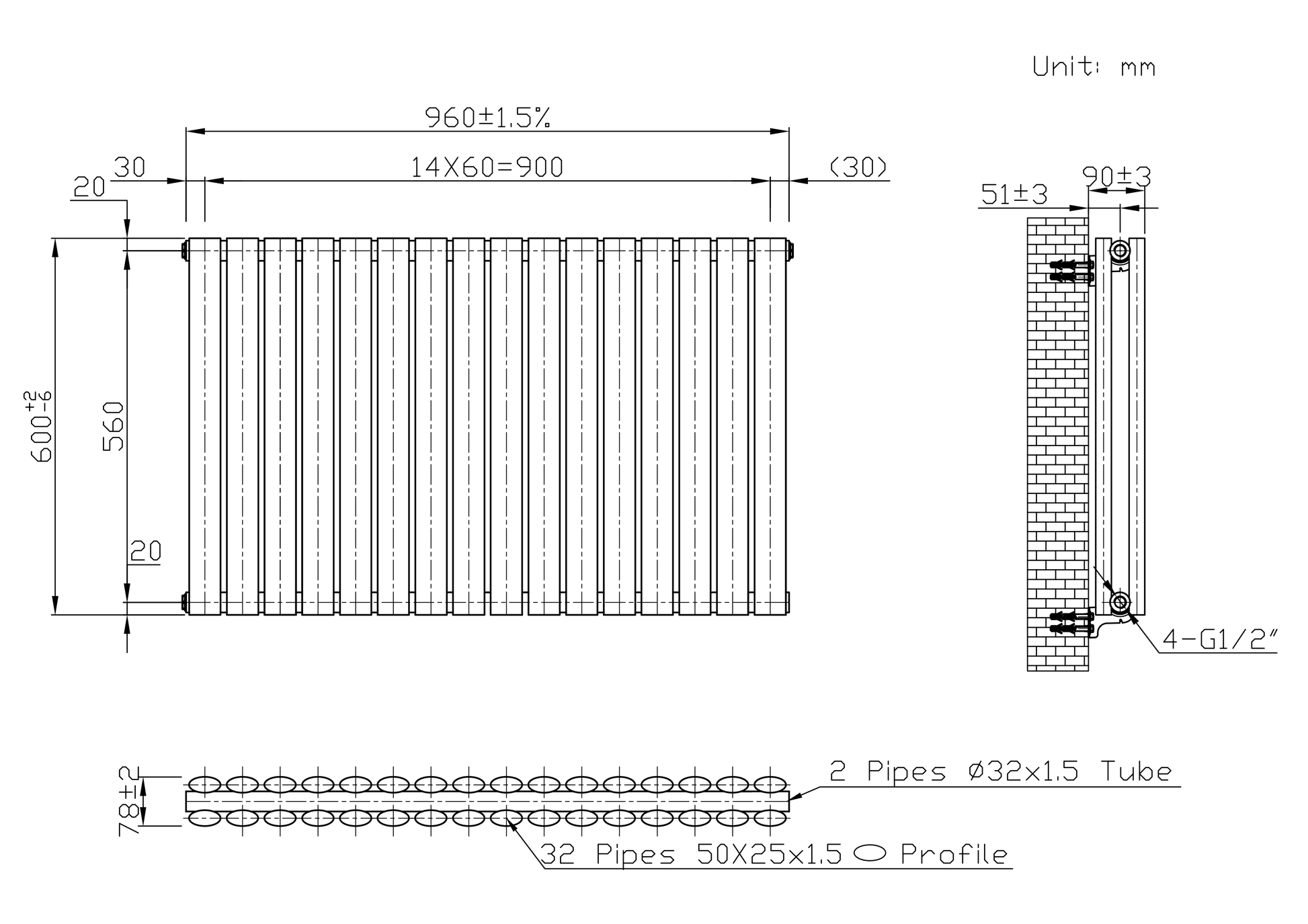 Designer 960mm x 600mm Anthracite Gray Horizontal Double Column Radiator, 4147 BTU