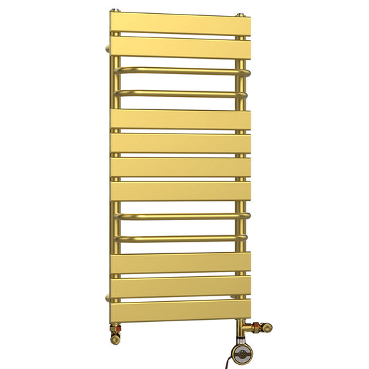 500mm Wide x 1000mm Dual Fuel Designer Flat Gold Towel Rail Radiator With Towel Holders