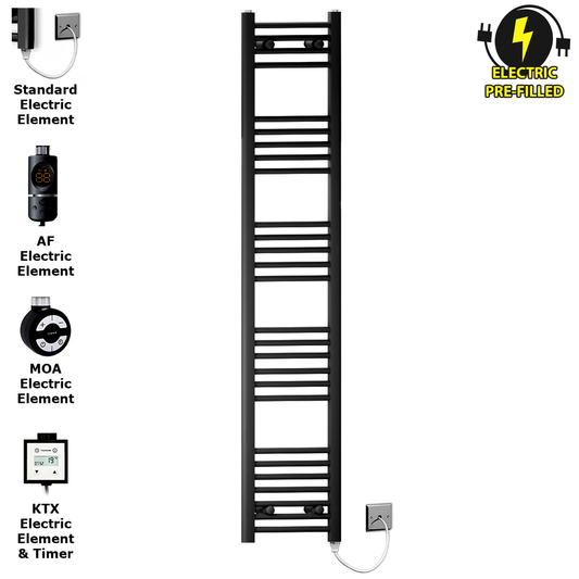 350 x 1500mm Matt Black Electric Pre-Filled Towel Warmer Rail | Flat Ladder