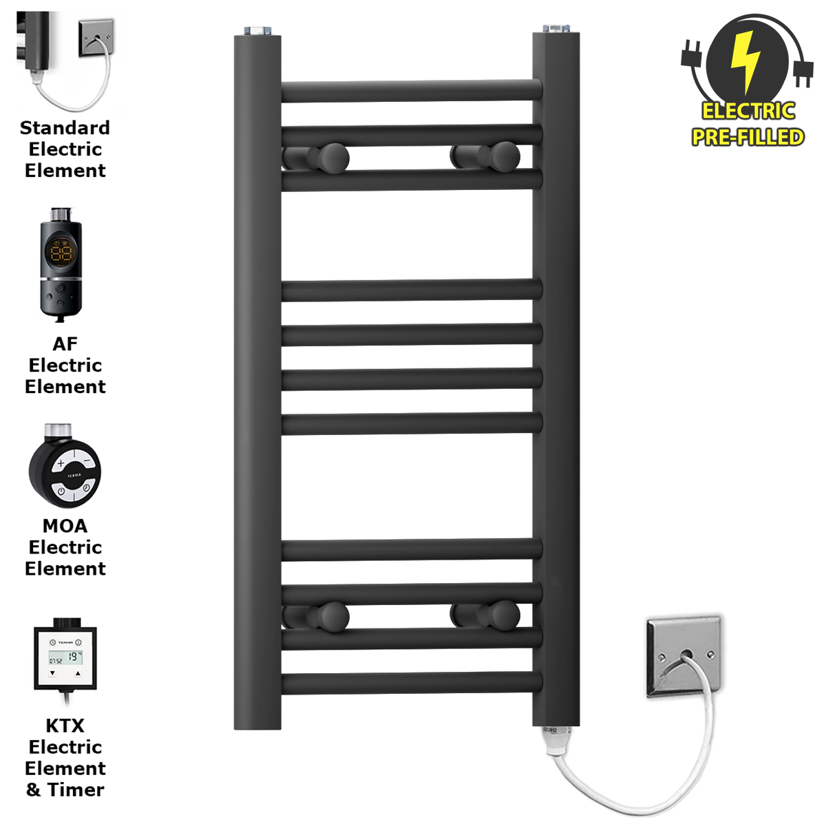 30 60 Matt Black Towel Rail Radiator Heated Warmer Wide High Electric Pre Filled Element All Elements 7ee2a602 0fb3 4887 8e5c 6bd2479ff86b