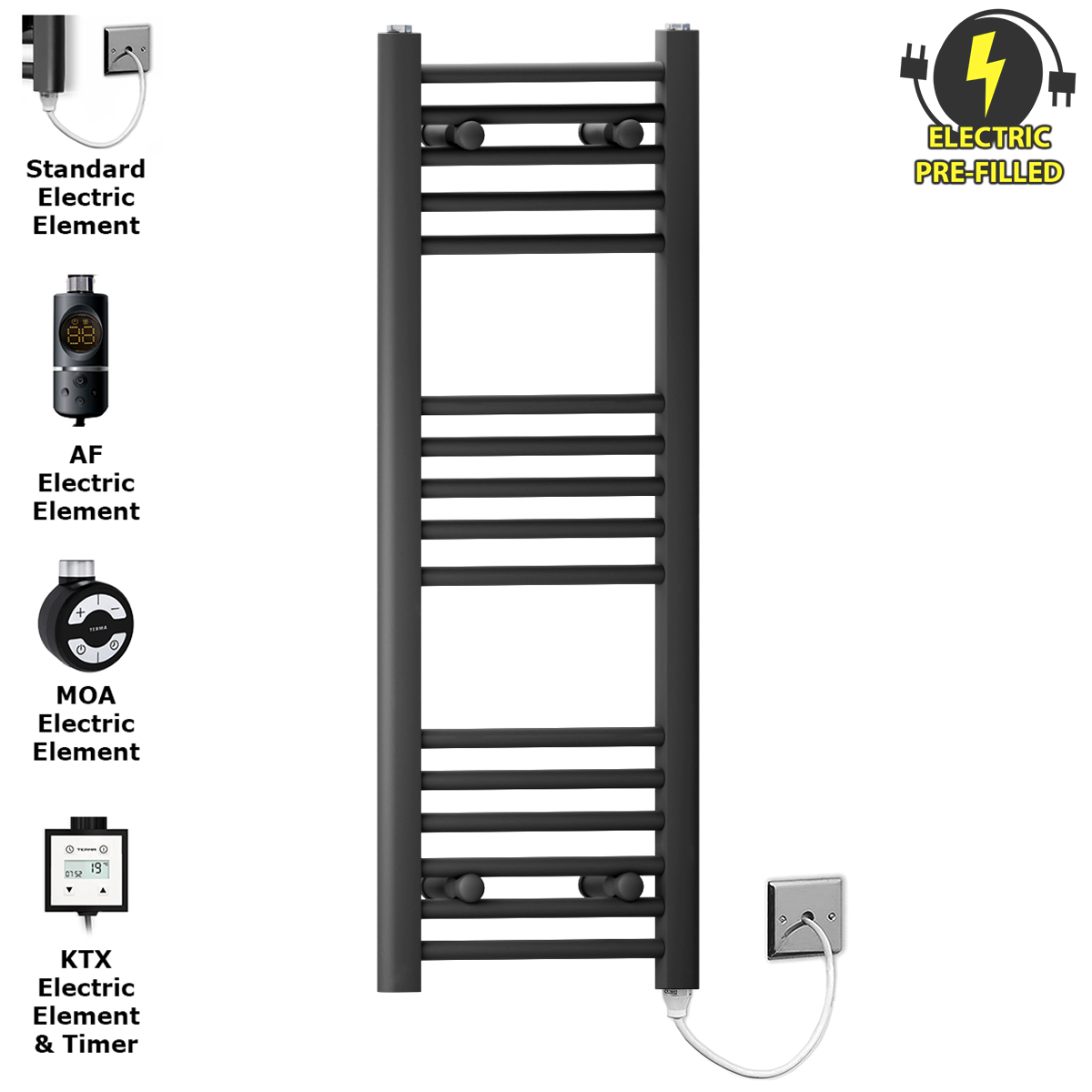 30 90 Matt Black Towel Rail Radiator Heated Warmer Wide High Electric Pre Filled Element All Elements