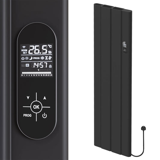 385 x 1600mm Smart Wifi Electric Panel Radiator - 1000W Black Vertical Aluminium