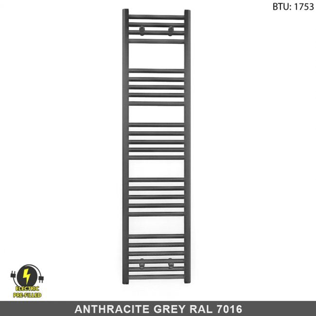 300mm x 1400mm Anthracite Grey  Electric Pre-Filled Heated Towel Rail Radiator