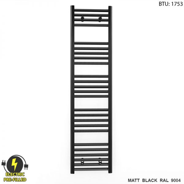 300mm x 1400mm Straight Matt Black Electric Pre-Filled Heated Towel Rail Radiator