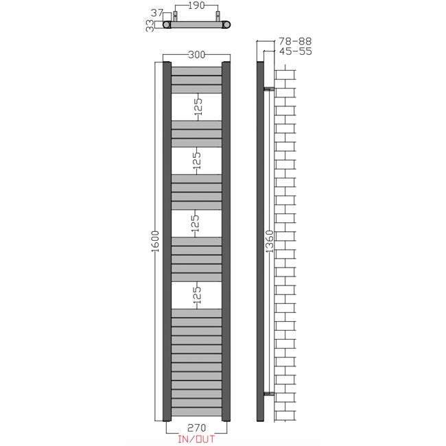 Dual Fuel 300mm Wide Accuro Korle Radiator Brushed Chrome Nickel Heated Towel Rail