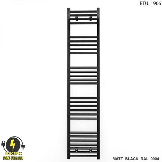 300mm x 1600mm Straight Matt Black Electric Pre-Filled Heated Towel Rail Radiator