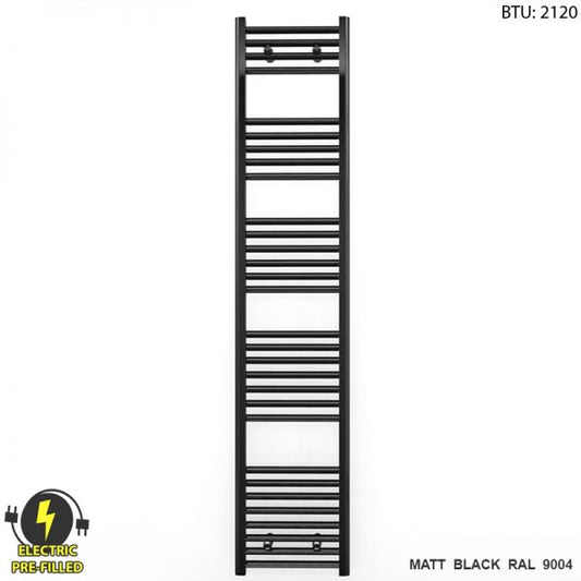 300mm x 1700mm Straight Matt Black Electric Pre-Filled Heated Towel Rail Radiator
