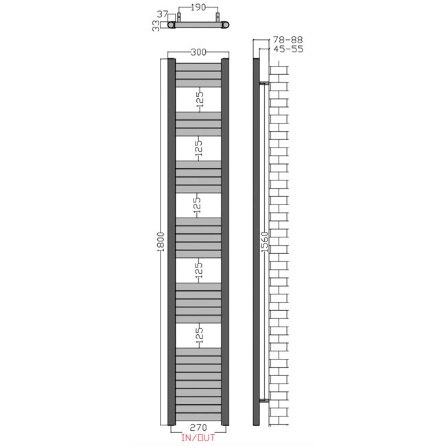 500mm Wide - 1200mm High Aluminium Black Designer Heated Towel Rail Radiator drawing