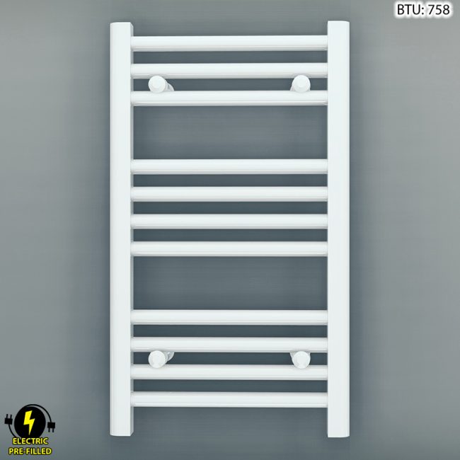 Small 300mm x 600mm Straight White Electric Pre-Filled Heated Towel Rail Radiator