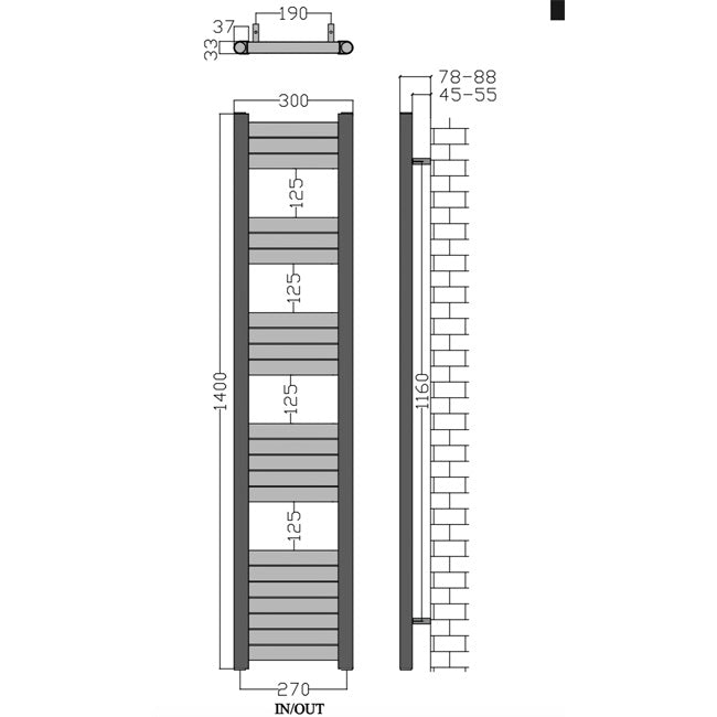 300mm Wide – 1400mm High Aluminium Eloksal Designer Heated Towel Rail Radiator Drawing