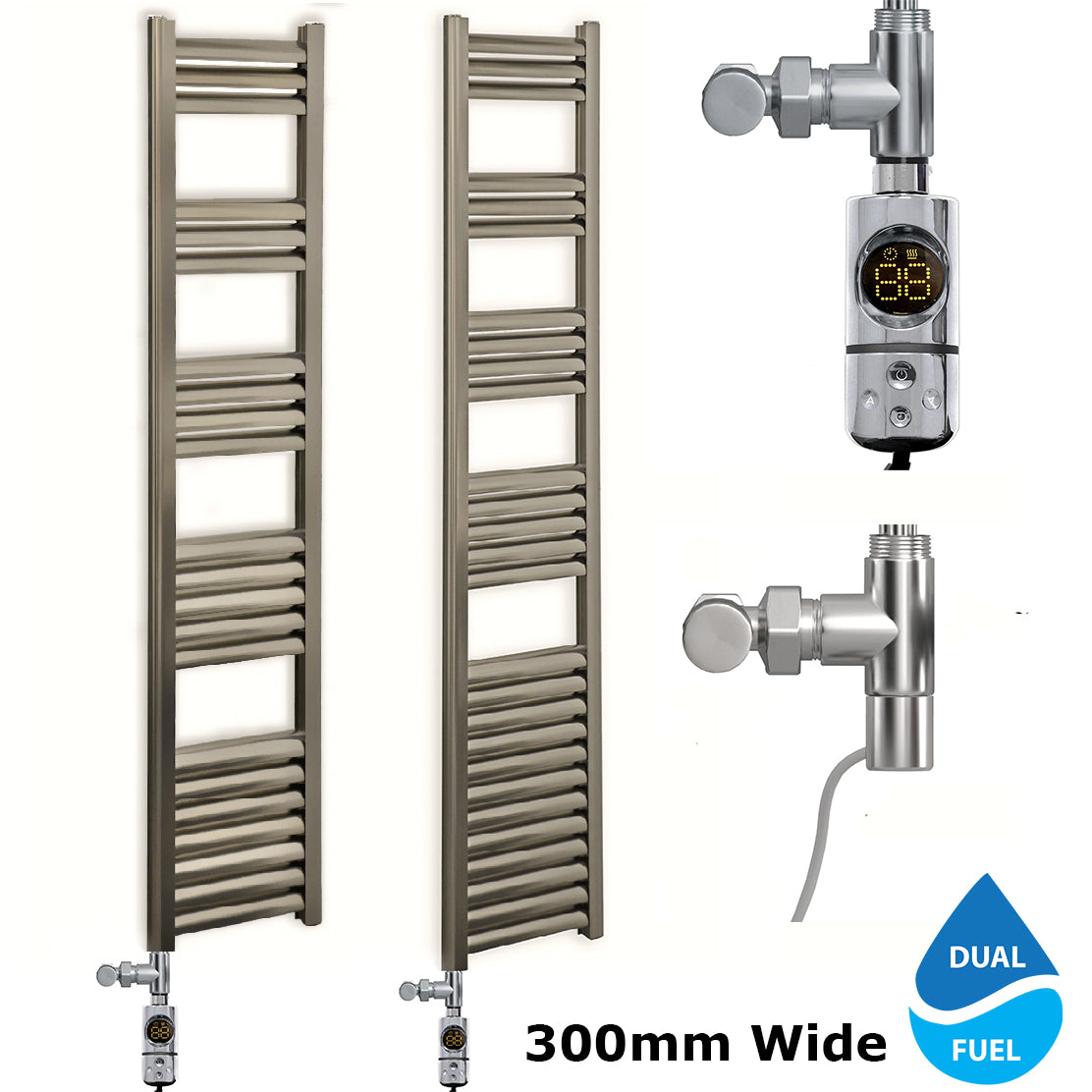 Dual Fuel 300mm Wide Accuro Korle Radiator Brushed Chrome Nickel Heated Towel Rail