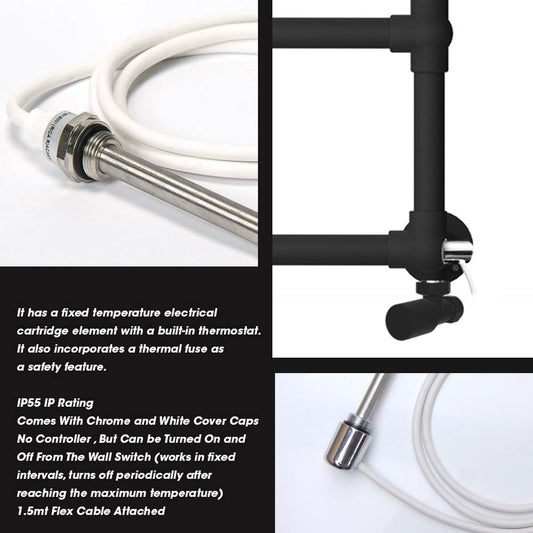 Dual Fuel Modern Matt Black Heated Towel Rail 500 x 750mm Charlotte (Incl. Valves + Electric Heating Kit)