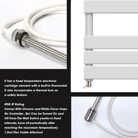 500 x 800mm White Designer Bathroom Electric Heated Panel Towel Rail Radiator