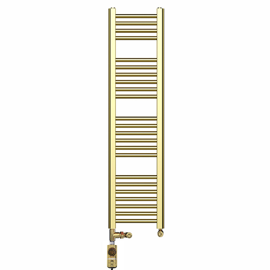 Dual Fuel 300mm x 1200mm Shiny Gold Heated Towel Rail Radiator- (incl. Valves + Electric Heating Kit)