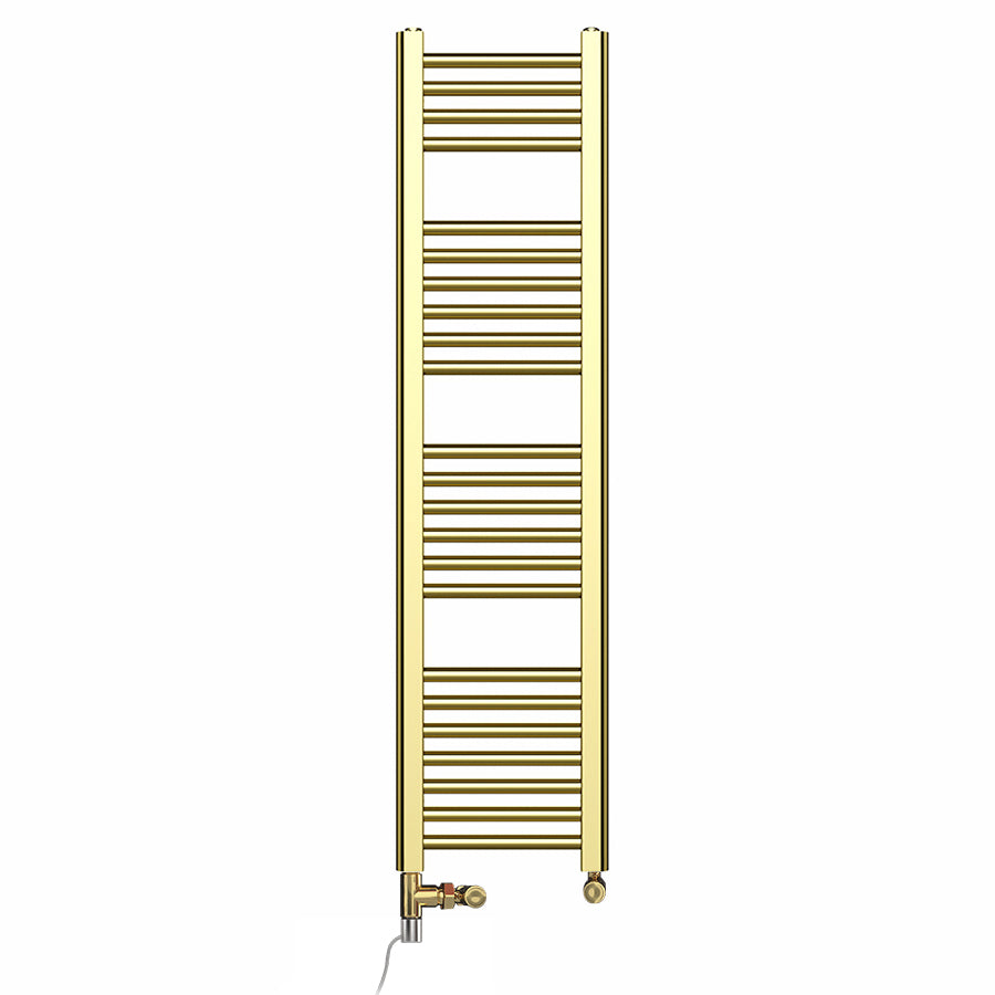 Dual Fuel 300mm x 1200mm Shiny Gold Heated Towel Rail Radiator- (incl. Valves + Electric Heating Kit)