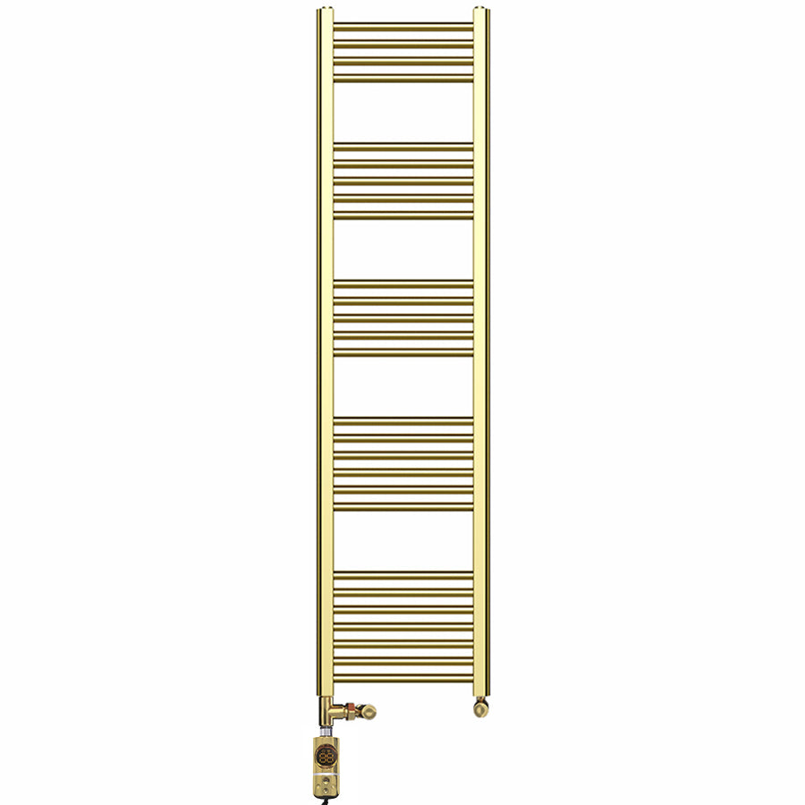 Dual Fuel 300mm x 1600mm Shiny Gold Heated Towel Rail Radiator- (incl. Valves + Electric Heating Kit)