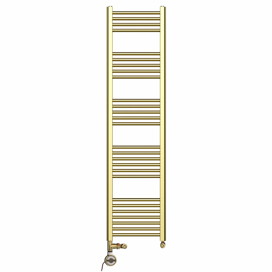 Dual Fuel 400mm x 1600mm Shiny Gold Heated Towel Rail Radiator- (incl. Valves + Electric Heating Kit)