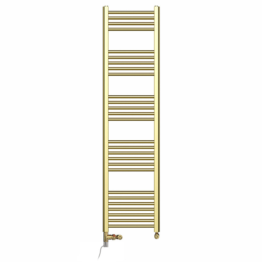 Dual Fuel 300mm x 1600mm Shiny Gold Heated Towel Rail Radiator- (incl. Valves + Electric Heating Kit)