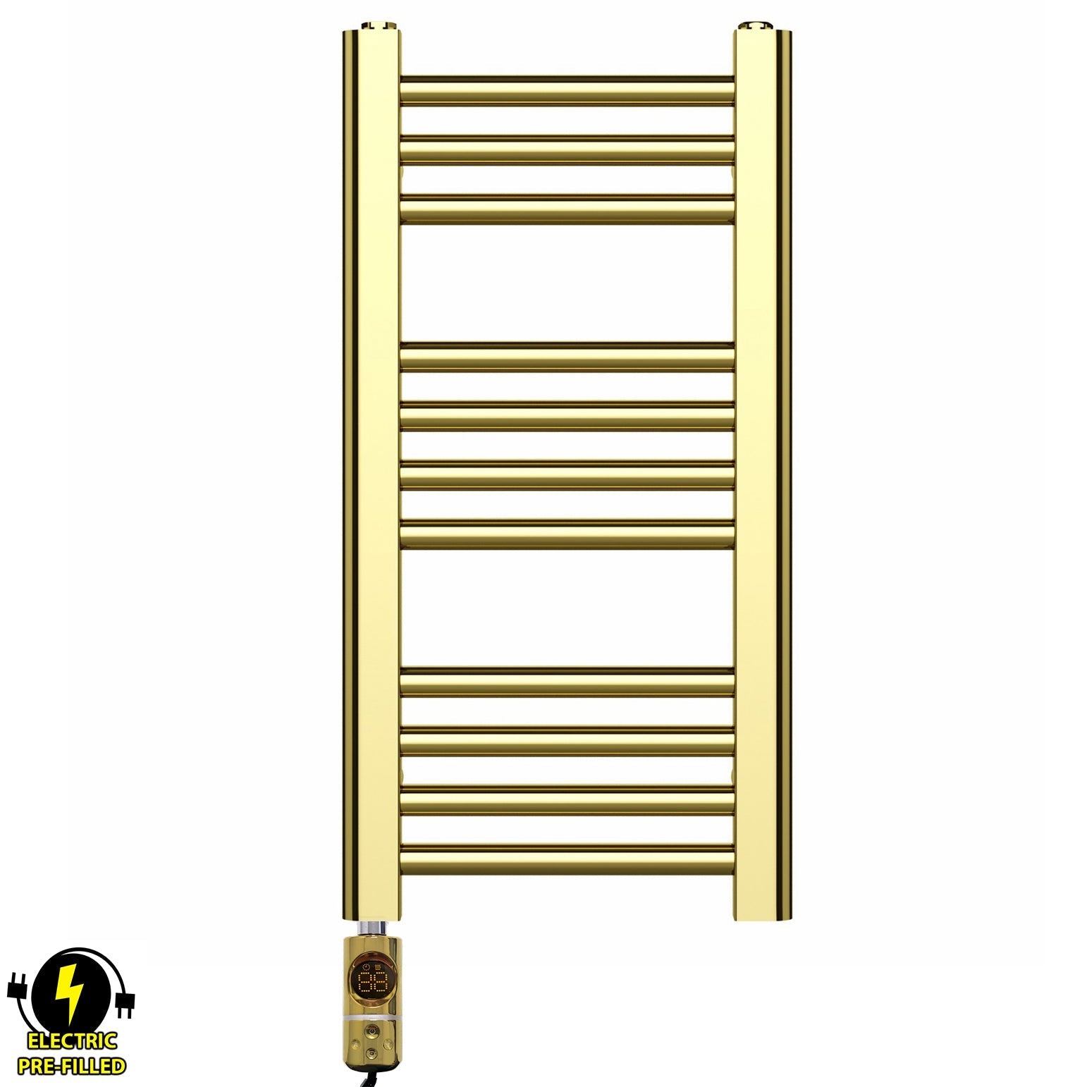 Small 300mm x 600mm Shiny Gold Electric Pre-Filled Heated Towel Rail Radiator