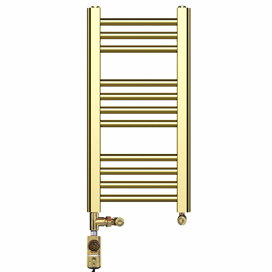 Small Dual Fuel 300mm x 600mm Shiny Gold Heated Towel Rail Radiator- (incl. Valves + Electric Heating Kit)