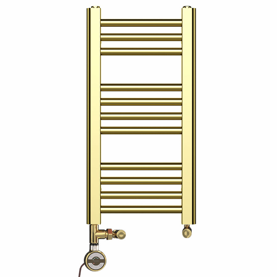 Small Dual Fuel 300mm x 600mm Shiny Gold Heated Towel Rail Radiator- (incl. Valves + Electric Heating Kit)