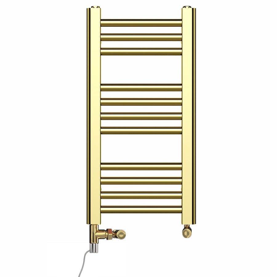 Small Dual Fuel 300mm x 600mm Shiny Gold Heated Towel Rail Radiator- (incl. Valves + Electric Heating Kit)