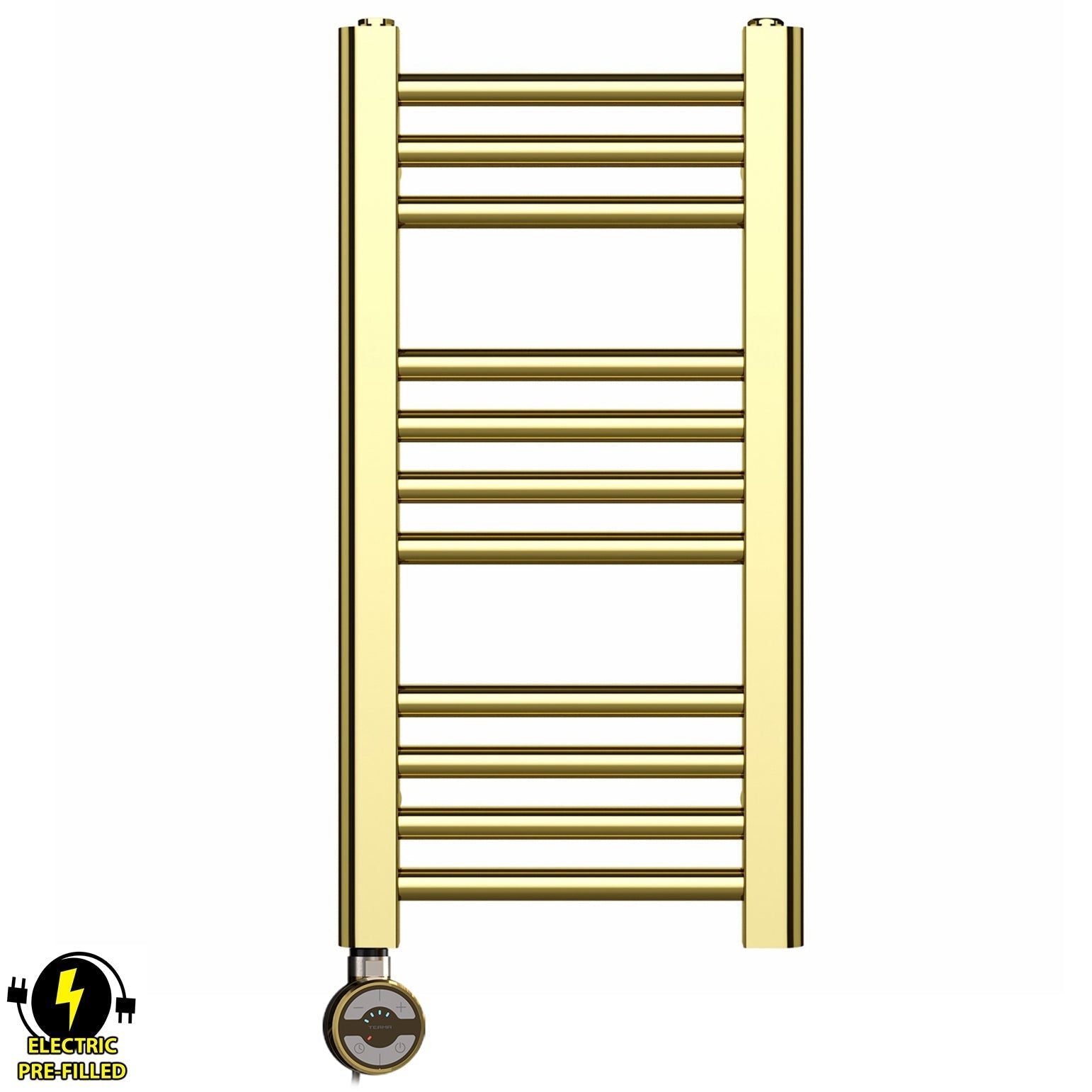Small 300mm x 600mm Shiny Gold Electric Pre-Filled Heated Towel Rail Radiator