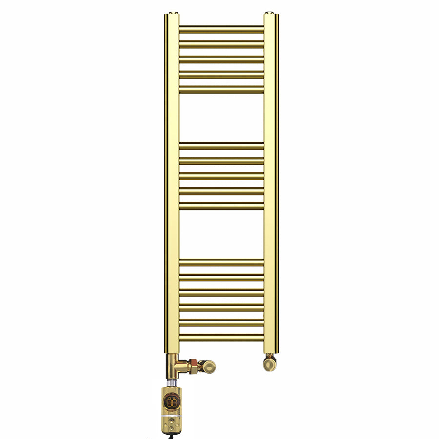 Dual Fuel - 300mm Wide - Shiny Gold- Heated Towel Rail Radiator - (incl. Valves + Electric Heating Kit)