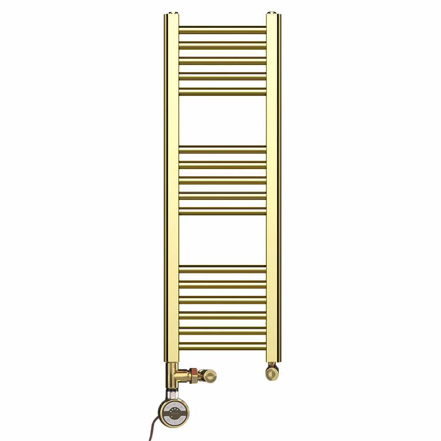 Small Dual Fuel 300mm x 900mm Shiny Gold Heated Towel Rail Radiator- (incl. Valves + Electric Heating Kit)