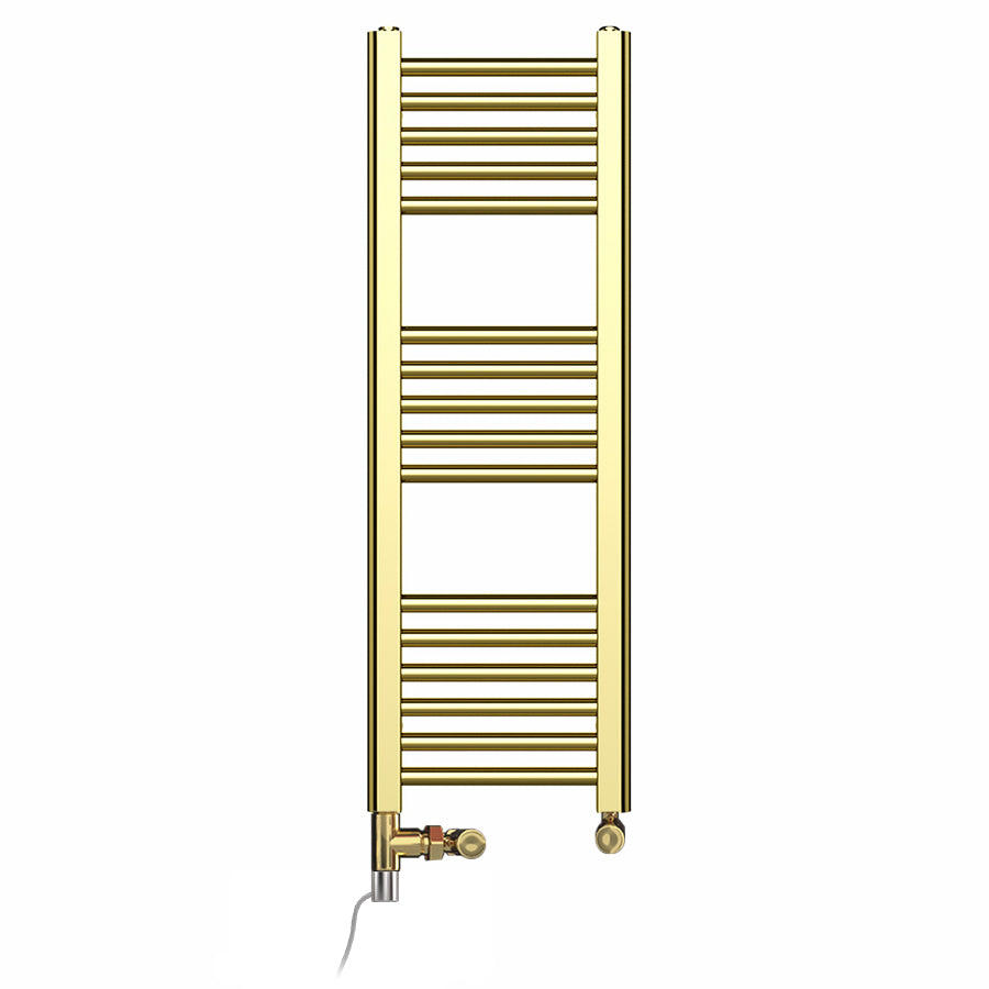 Dual Fuel - 300mm Wide - Shiny Gold- Heated Towel Rail Radiator - (incl. Valves + Electric Heating Kit)