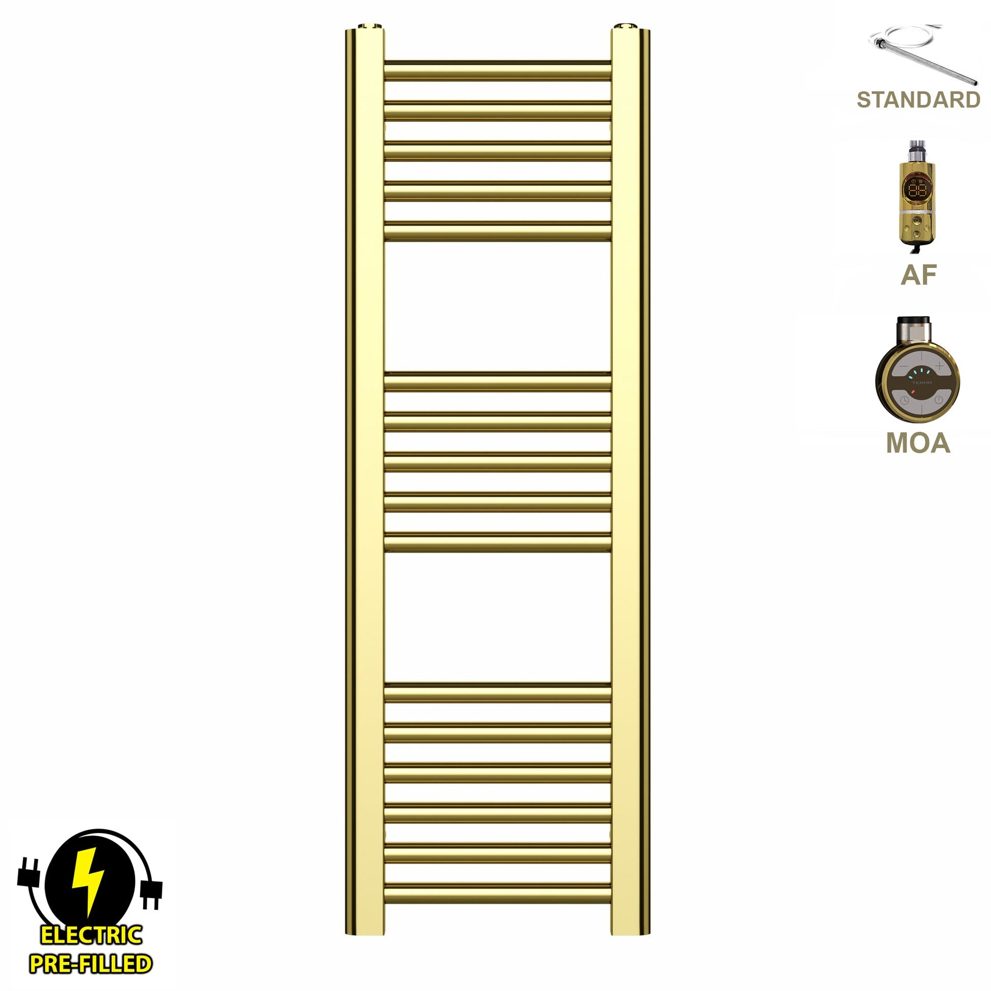 Small 300mm x 900mm Shiny Gold Electric Pre-Filled Heated Towel Rail Radiator