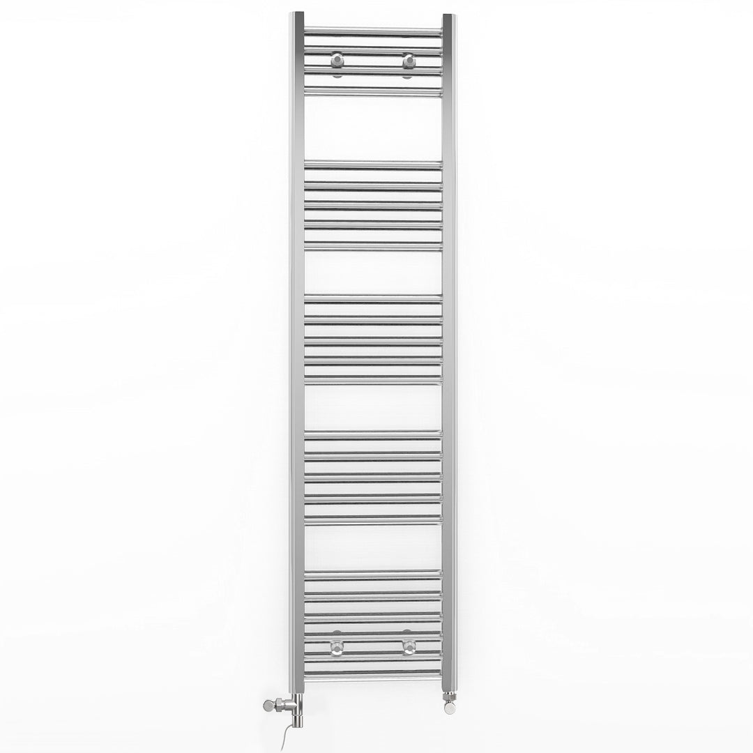 Dual Fuel 350mm x 1400mm Straight Chrome  Heated Towel Rail Radiator- (incl. Valves + Electric Heating Kit)