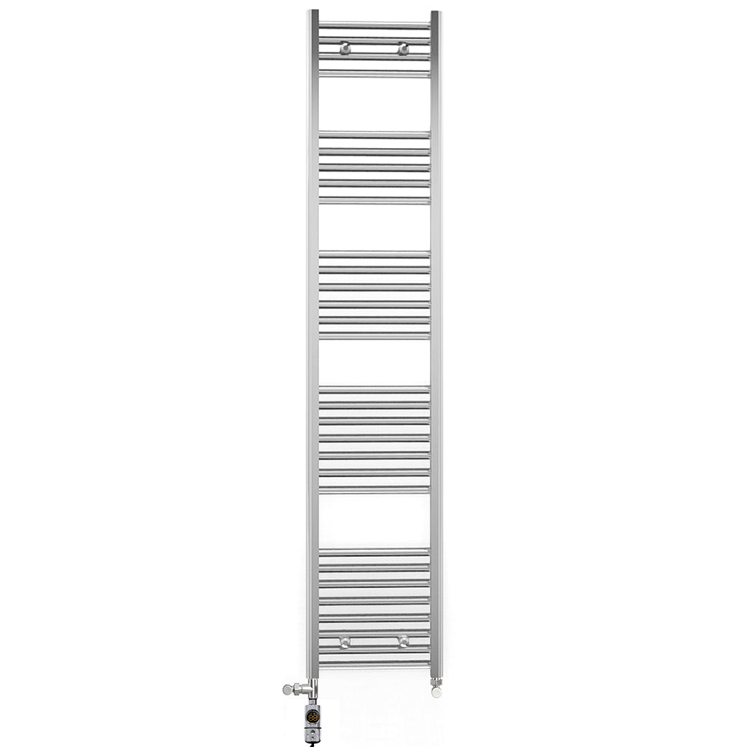 Dual Fuel 350mm x 1700mm Straight Chrome  Heated Towel Rail Radiator- (incl. Valves + Electric Heating Kit)