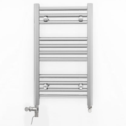 Dual Fuel - 300mm Wide - Flat Chrome Straight  - Heated Towel Rail Radiator - (incl. Valves + Electric Heating Kit)