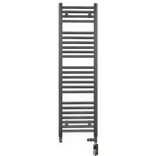 Dual Fuel 400mm x 1200mm Straight Anthracite Grey Heated Towel Rail - (incl. Valves + Electric Heating Kit)