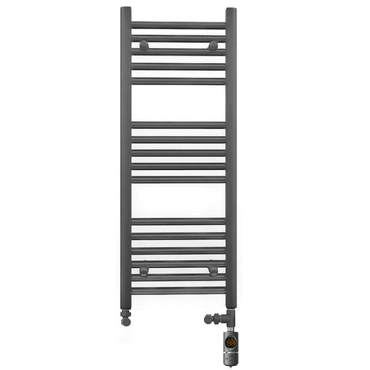 Small Dual Fuel 400mm x 900mm Straight Anthracite Grey Heated Towel Rail - (incl. Valves + Electric Heating Kit)