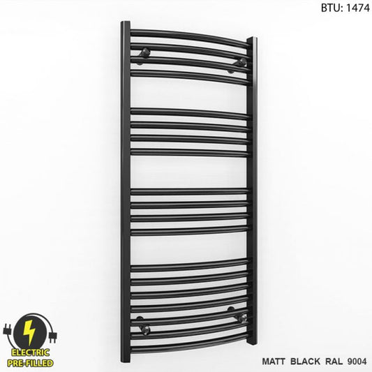 400mm x 1000mm Curved Matt Black Electric Pre-Filled Heated Towel Rail Radiator