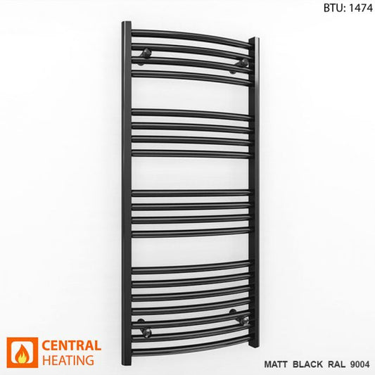 400mm x 1000mm Curved  Matt Black Heated Towel Rail Radiator