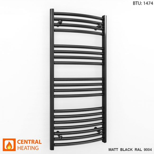 400mm x 1000mm Curved  Matt Black Heated Towel Rail Radiator