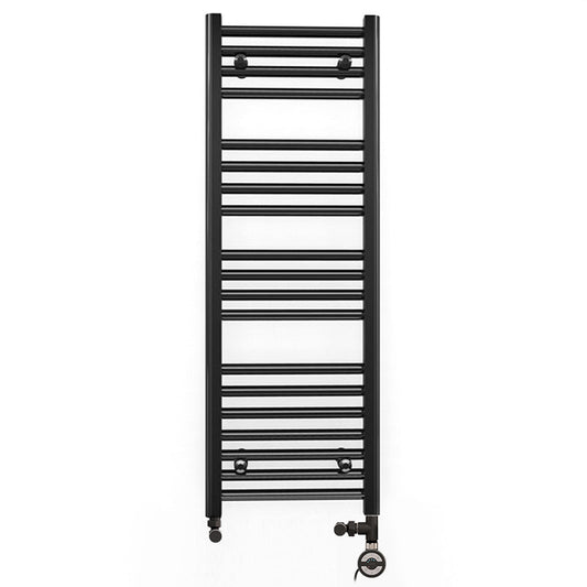 Dual Fuel 400mm x 1000mm Straight Matt Matt Black Heated Towel Rail - (incl. Valves + Electric Heating Kit)