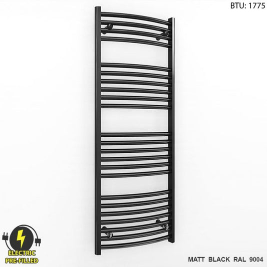 400mm x 1200mm Curved Matt Black Electric Pre-Filled Heated Towel Rail Radiator