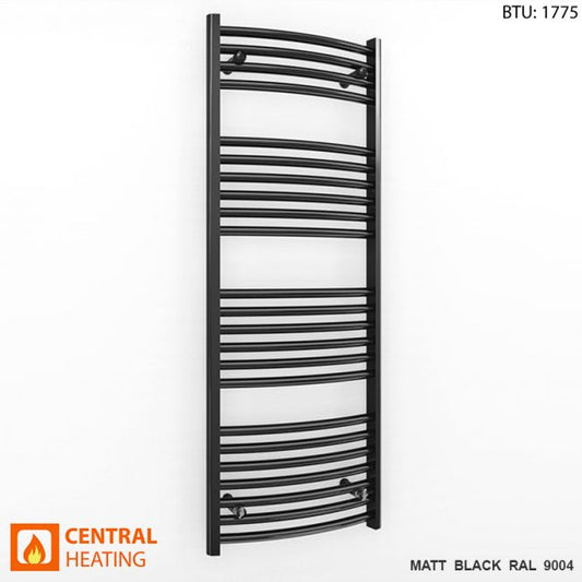 400mm x 1200mm Curved  Matt Black Heated Towel Rail Radiator