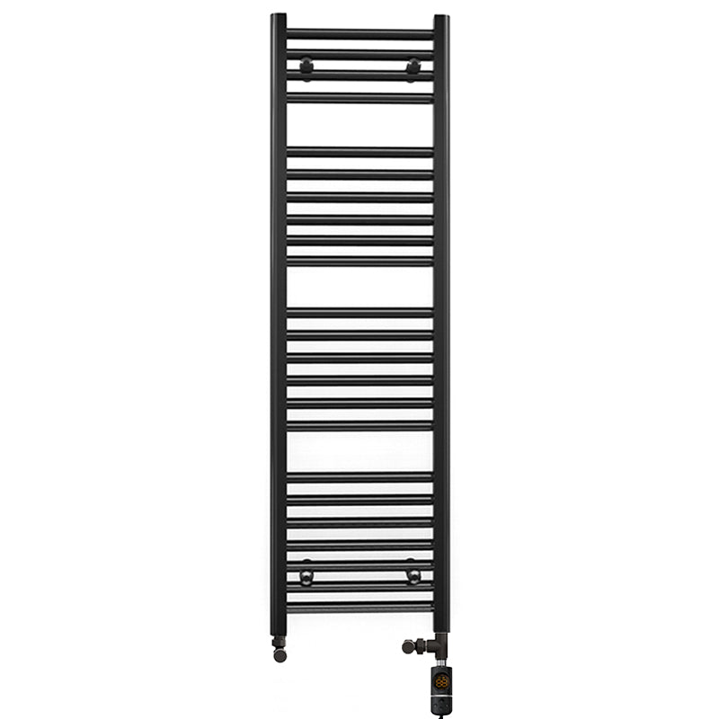 Dual Fuel 400mm x 1200mm Straight Matt Matt Black Heated Towel Rail - (incl. Valves + Electric Heating Kit)