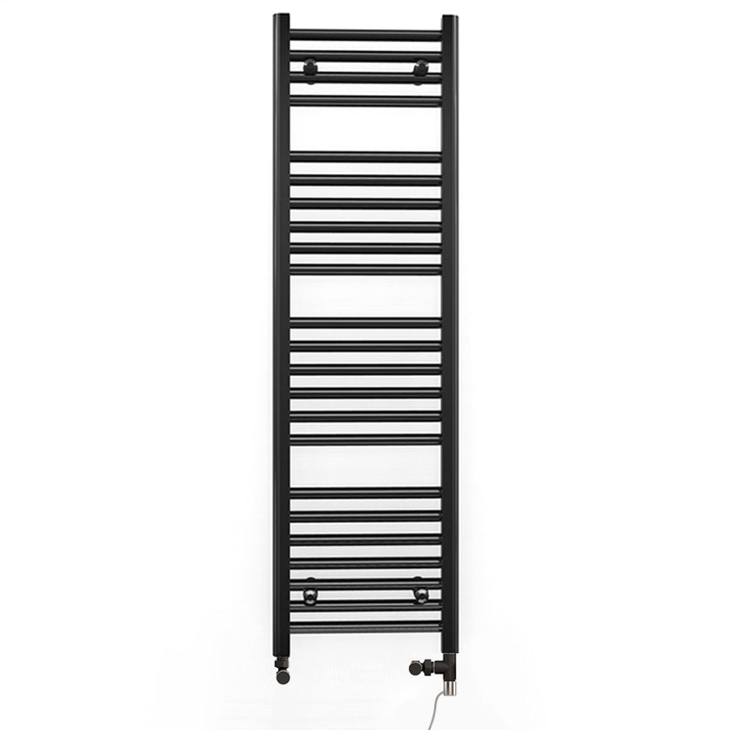 Dual Fuel 400mm x 1200mm Straight Matt Matt Black Heated Towel Rail - (incl. Valves + Electric Heating Kit)