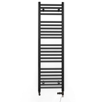 Dual Fuel 400mm x 1200mm Straight Matt Matt Black Heated Towel Rail - (incl. Valves + Electric Heating Kit)