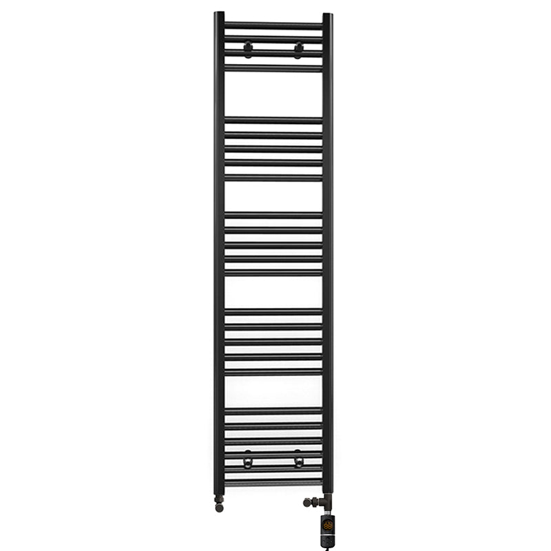 Dual Fuel 400mm x 1400mm Straight Matt Matt Black Heated Towel Rail - (incl. Valves + Electric Heating Kit)