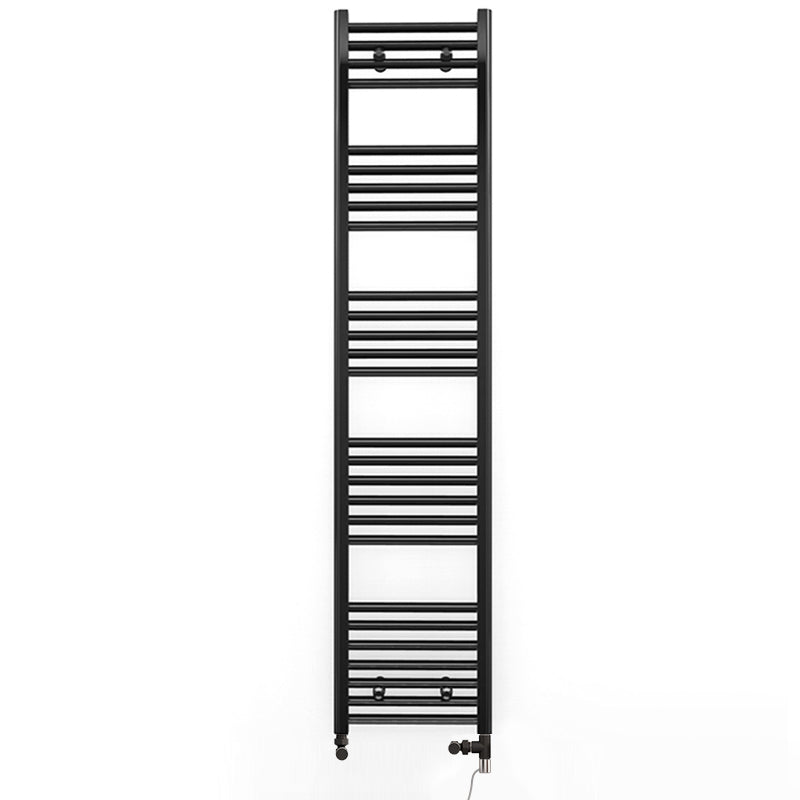 Dual Fuel 400mm x 1600mm Straight Matt Matt Black Heated Towel Rail - (incl. Valves + Electric Heating Kit)